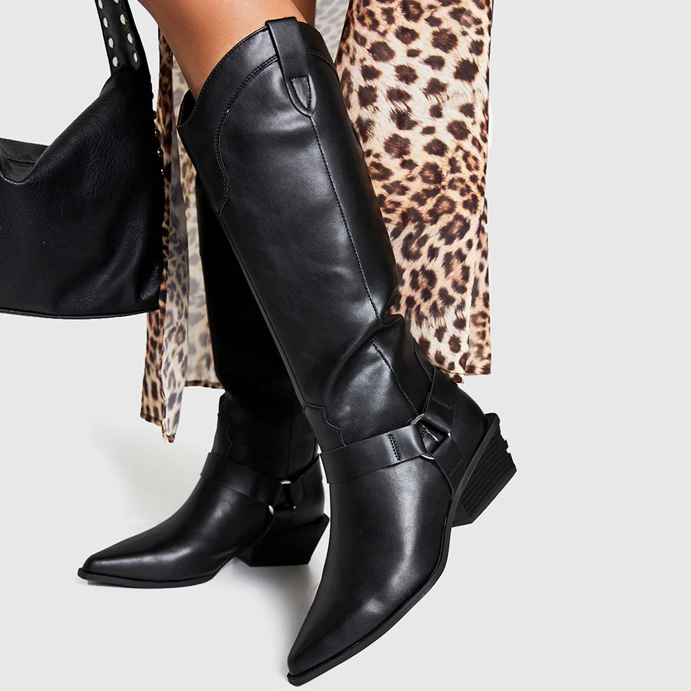 Pointed Toe Decorative Strap Stitching Knee High Cowgirl Boots in Black
