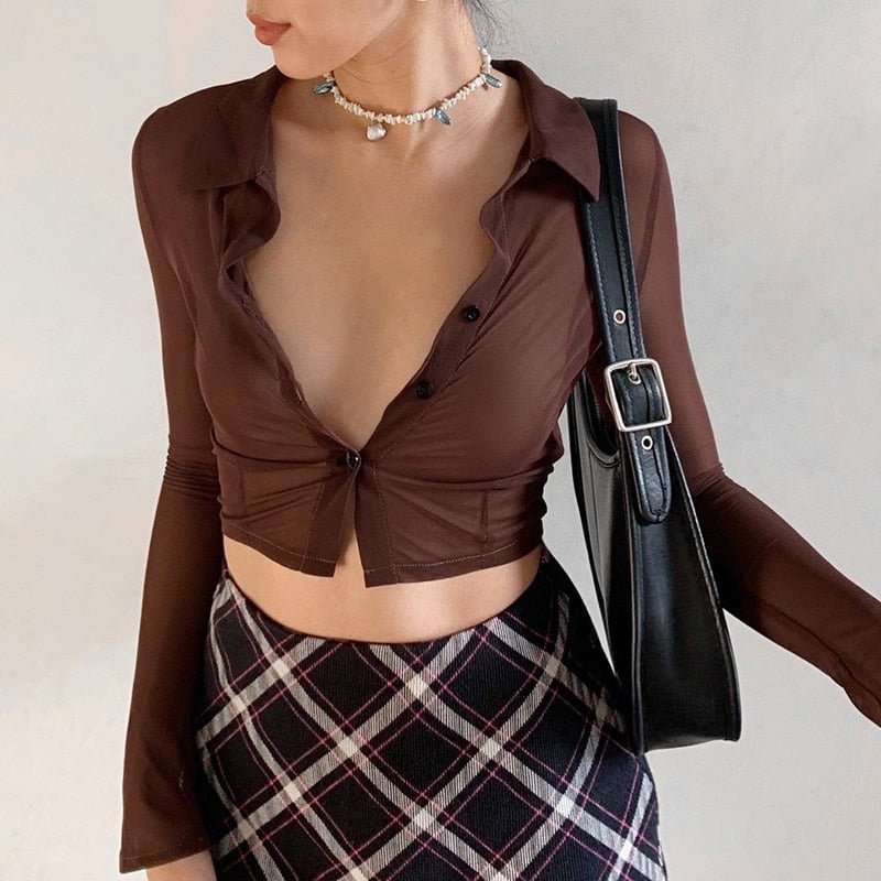 Sweetown Brown Vintage Mesh Tops Women Button Up Long Sleeve Cropped Tee Shirt See Through Sexy Rave Girl T-Shirts Autumn