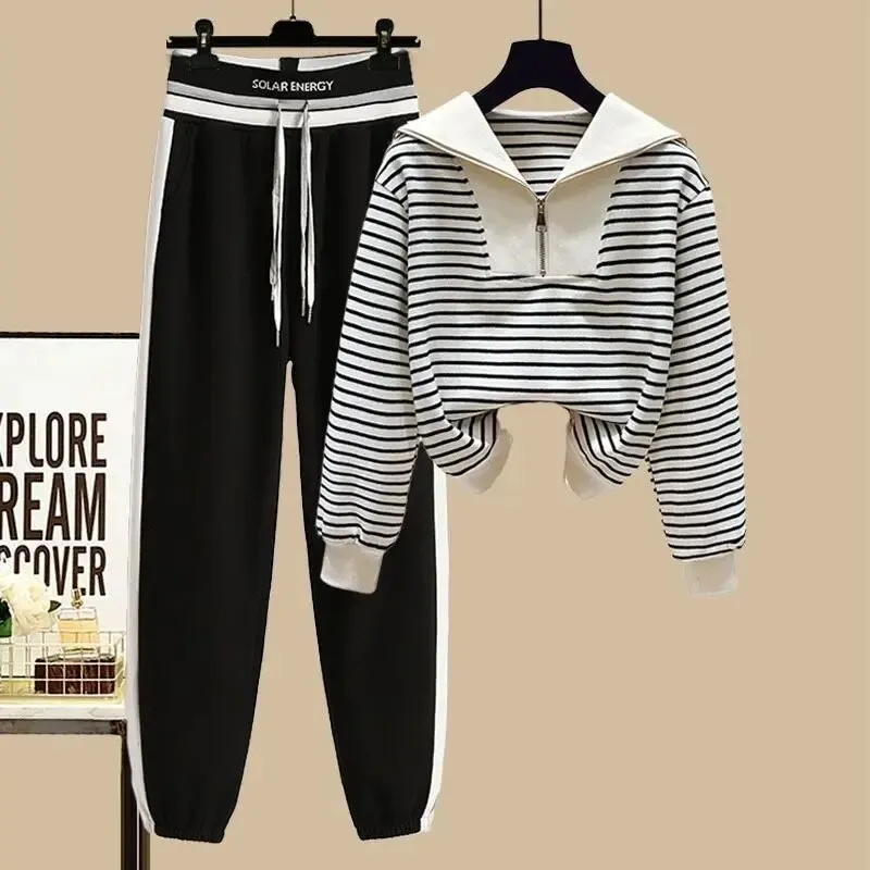 Brownm Women's Autumn Winter Tracksuit 2023 New Korean Striped Zip Sweater Blouse + High Waist Casual Pants Sportswear Two Piece Suit