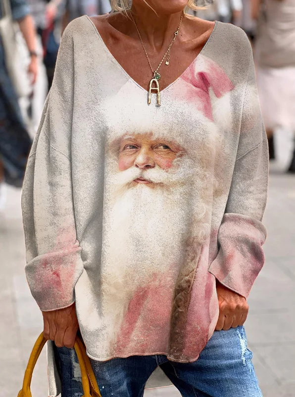 Vintage Christmas Pink Santa Claus Print V Neck Top