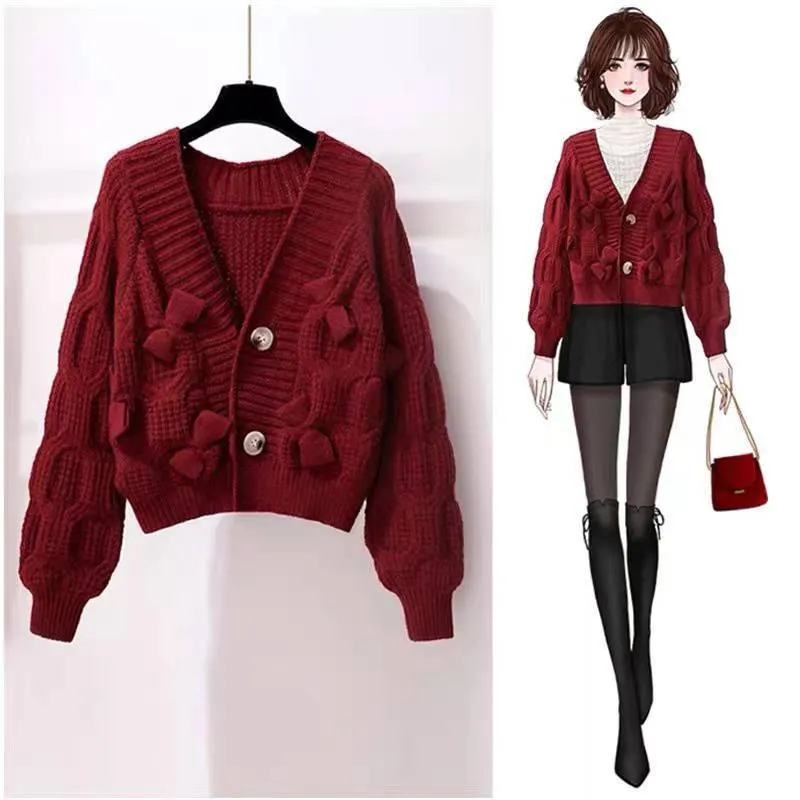 Churchf Churchf Three-Dimensional Bow Knot Short Sweet Wind Cardigan Coat Women's 2024 Autumn And Winter New Loose Knit Jacket Women