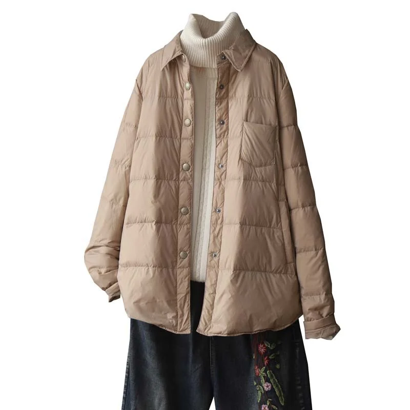 Toloer Literary Pure Color Shirt Collar Light Down Jacket Shirt Female Autumn And Winter 2024 New White Duck Down Fashion Down Jacket Coat-Outfit Ideas