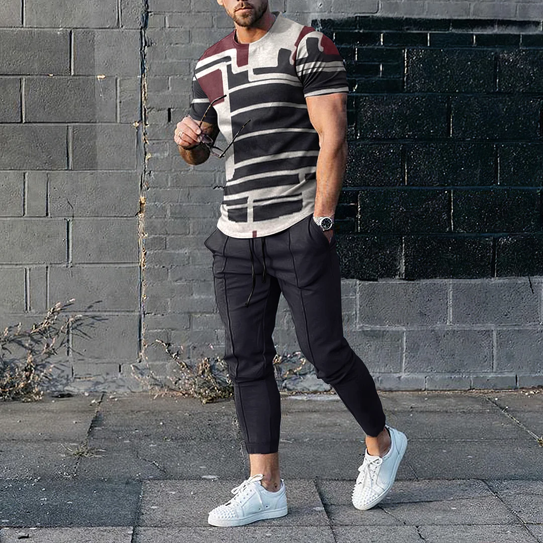 Casual Art Geometry Contrast Color Short Sleeve T-Shirt And Pants Co-Ord