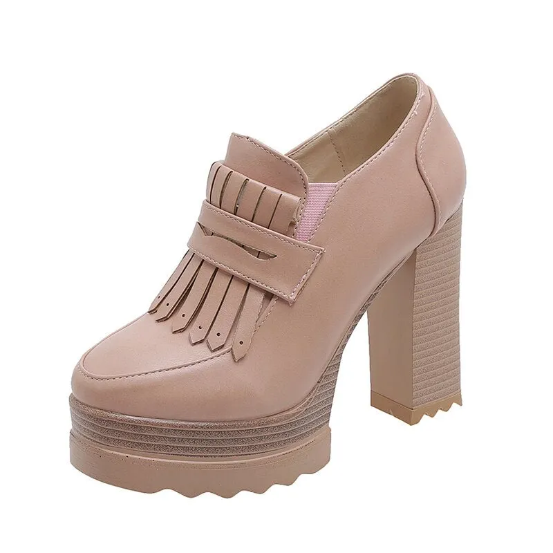 Gdgydh Spring Autumn Retro Shoes Heels Sexy Tassel Urtal High Heels Pumps Women Office Shoes Thick Platform Formal Occasions