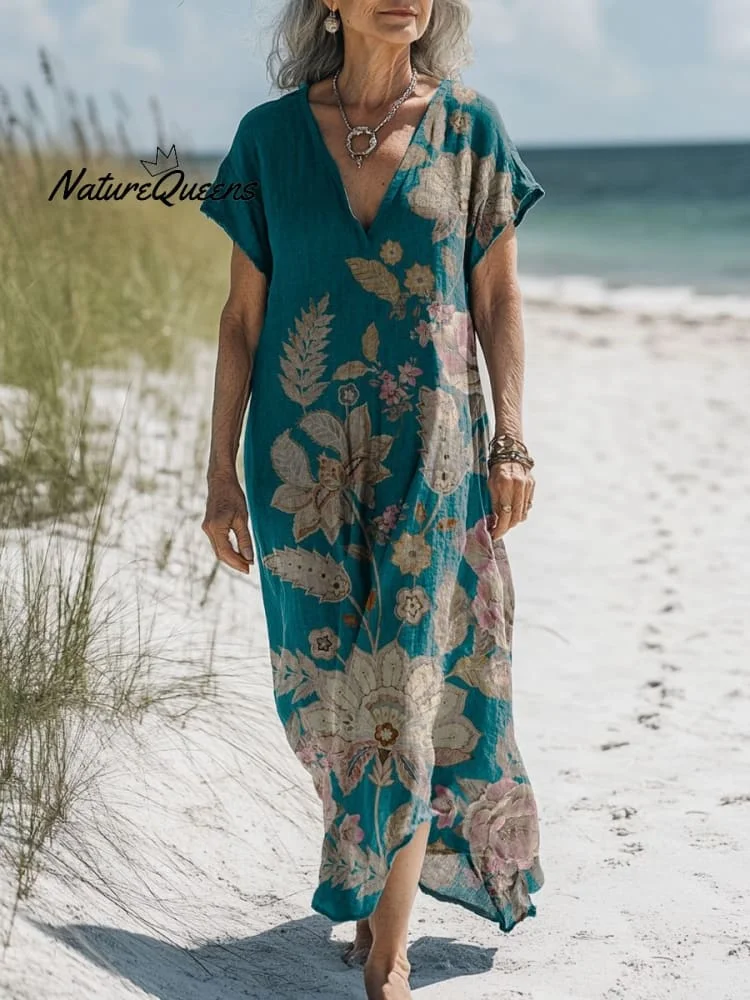 Women's Vintage Colorful Flower Art Print Pocket Cotton Dress