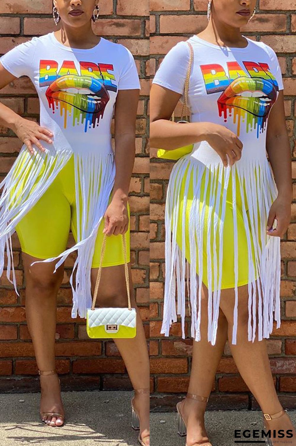 White O Neck Short Sleeve Print tassel Tops | EGEMISS