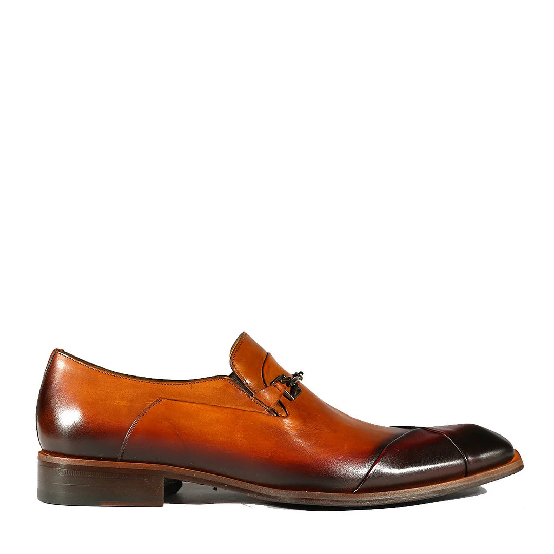 Men's Shoes Honey & Burgundy Calf-Skin Leather Asymmetrical Horsebit Loafers