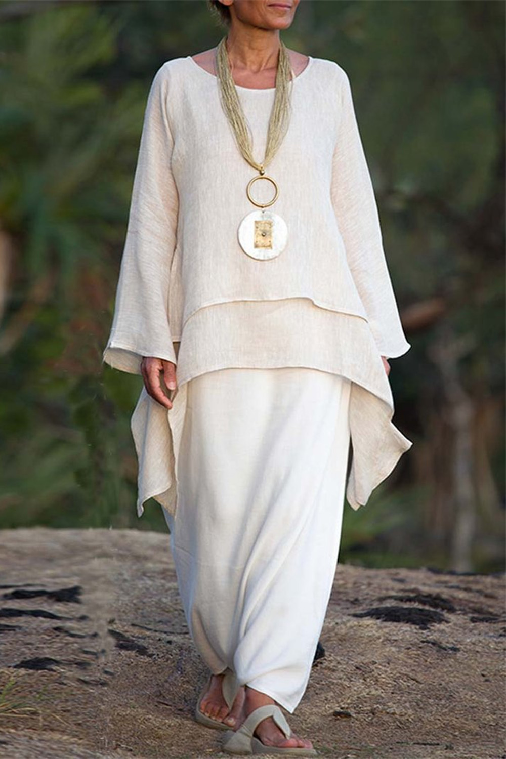 Plus Size Everyday White Cotton And Linen Long Sleeve Double Layered Asymmetrical Hem Blouse 2024 - Flycurvy 