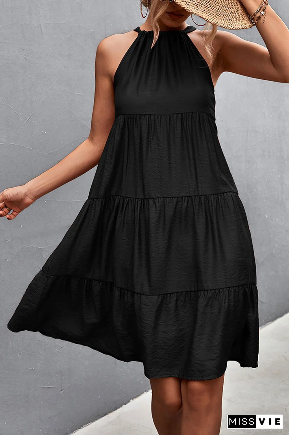 Solid Color Halter Sleeveless Midi Dress Wholesale