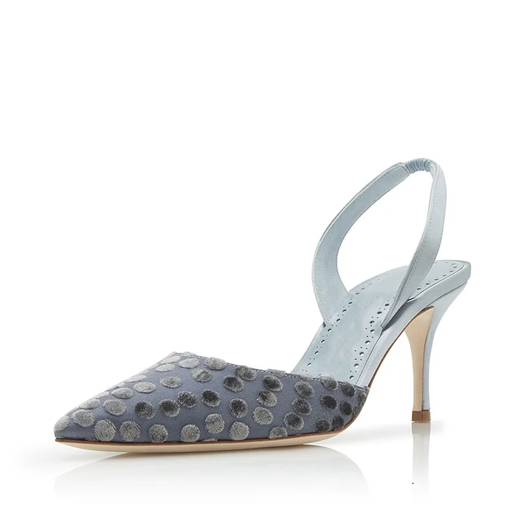 Grey Polka Dot Pointy Toe Slingback Heels Pumps |FSJ Shoes