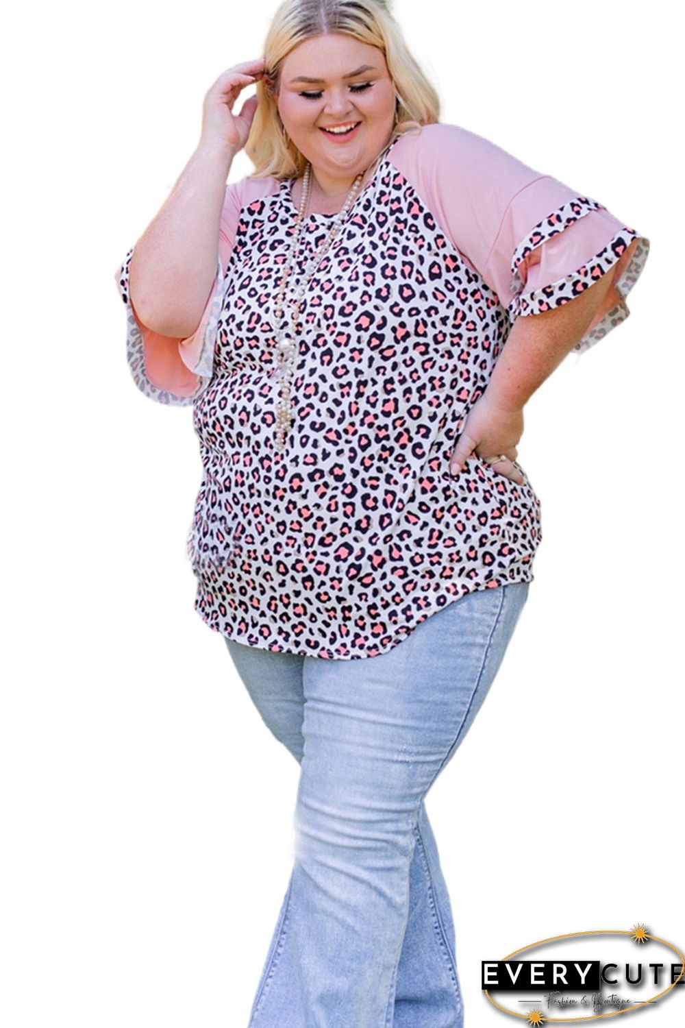 Pink Plus Size Ruffle Raglan Sleeve Leopard Top