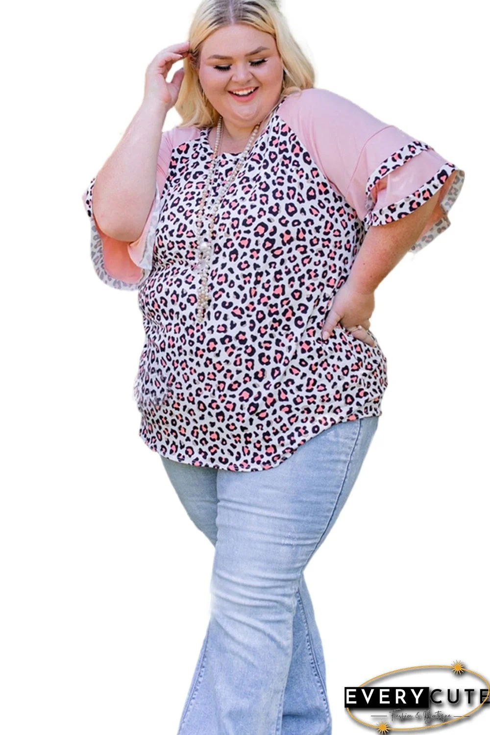 Pink Plus Size Ruffle Raglan Sleeve Leopard Top