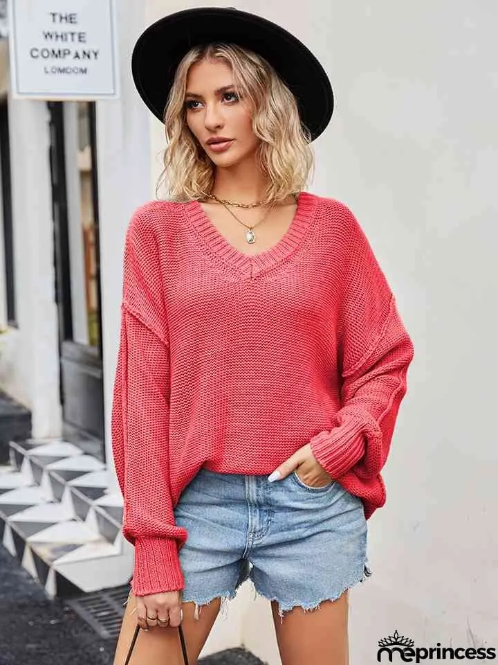V-Neck Ribbed Dropped Shoulder Knit Top