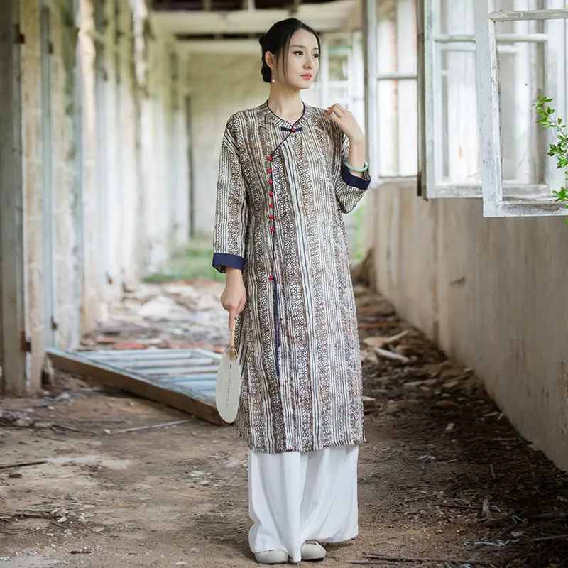 Retro Ramie Printed Cheongsam Dress