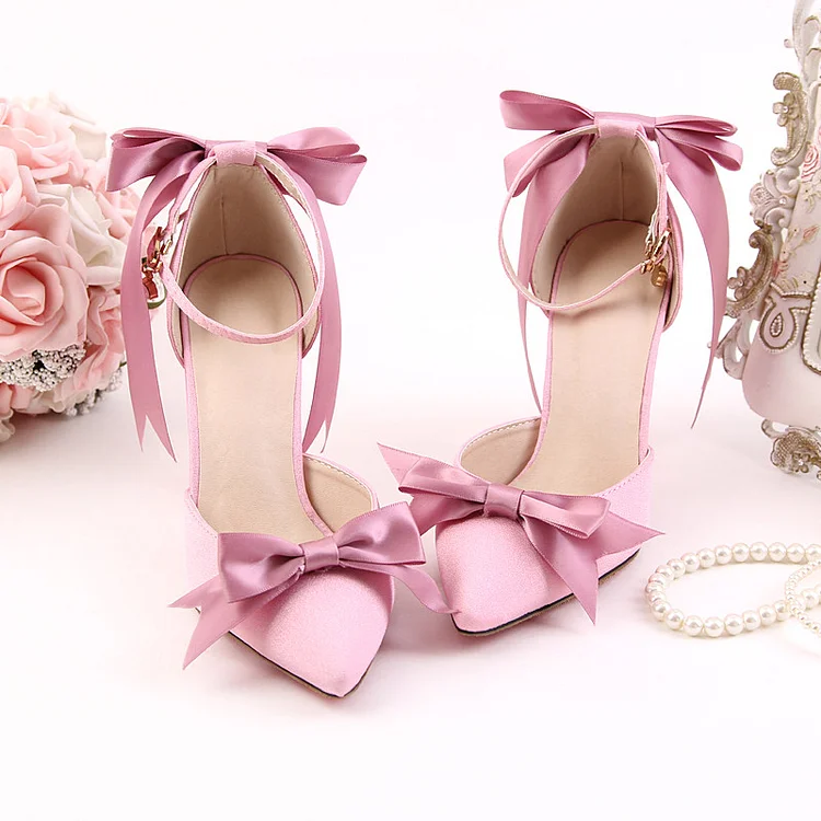 Pink Bow Ankle Strap Wedding Stiletto Heels Vdcoo