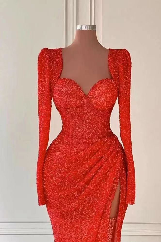 Glamorous Red Mermaid Evening Dress with Split Spaghetti-Straps and Sequins main image 1