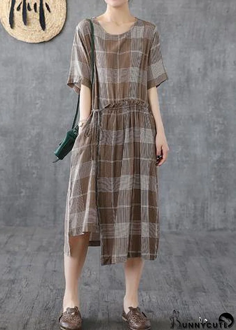 Italian o neck asymmetric cotton dresses Catwalk khaki plaid Dresses