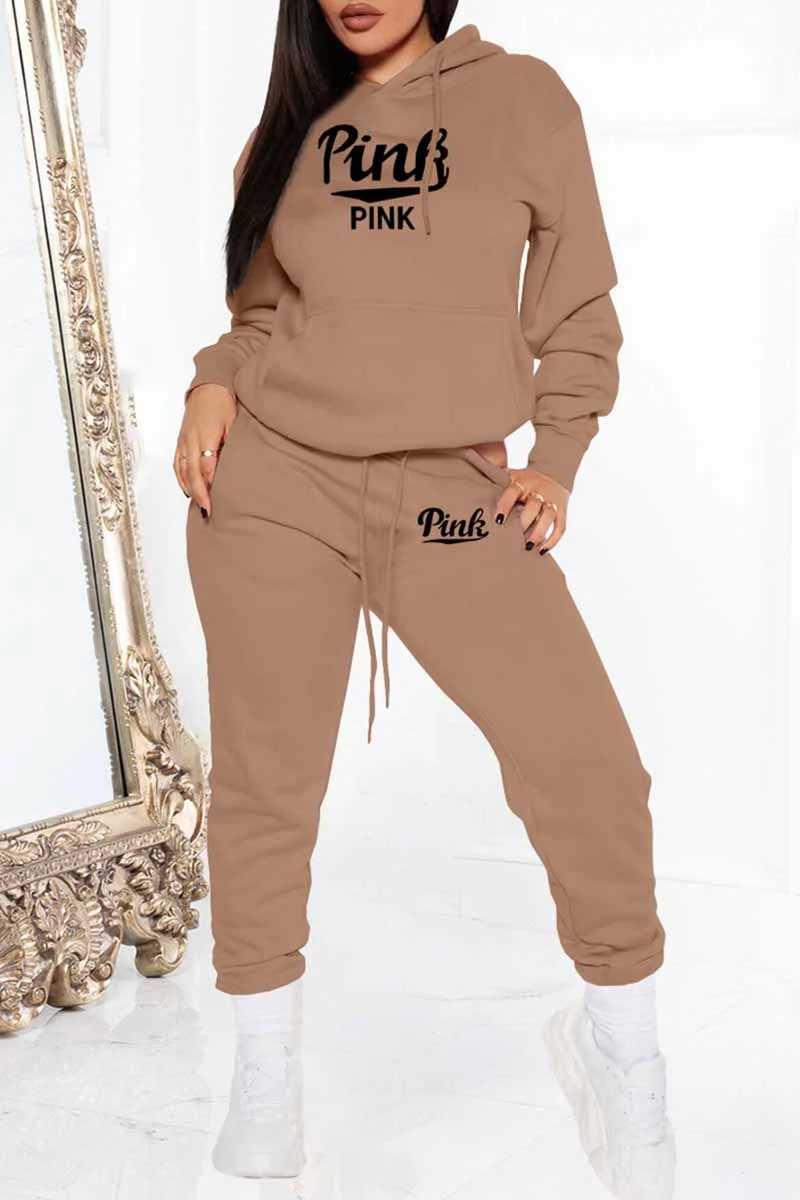 Street Print Letter Hooded Collar Long Sleeve Two Pieces