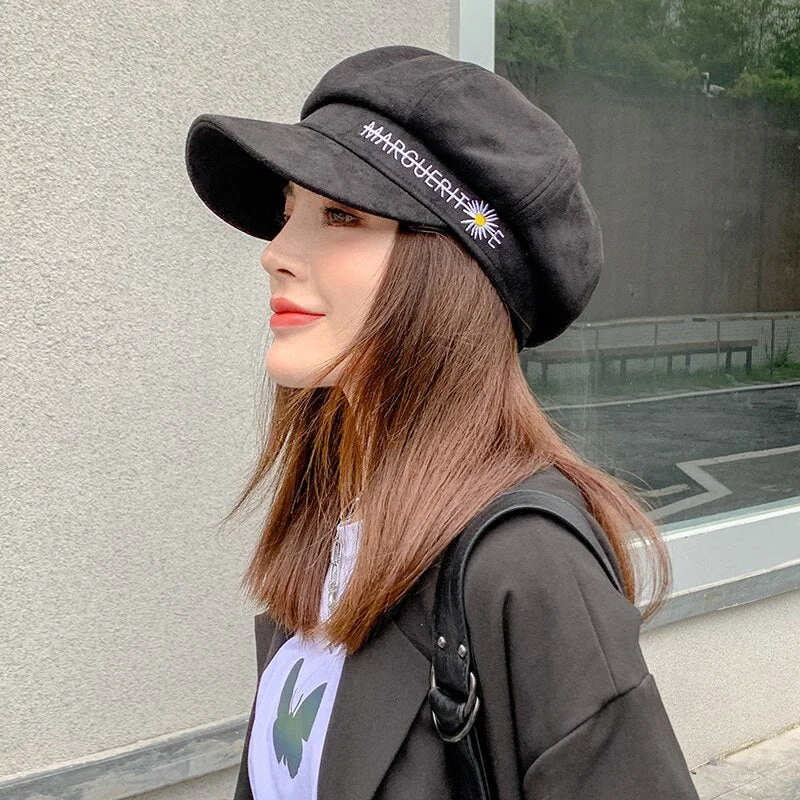 Suede Women Beret Autumn Winter Octagonal Cap Vintage Artist Painter Hat Ladies Daisy Embroidery Beret Hats Female Newsboy Caps