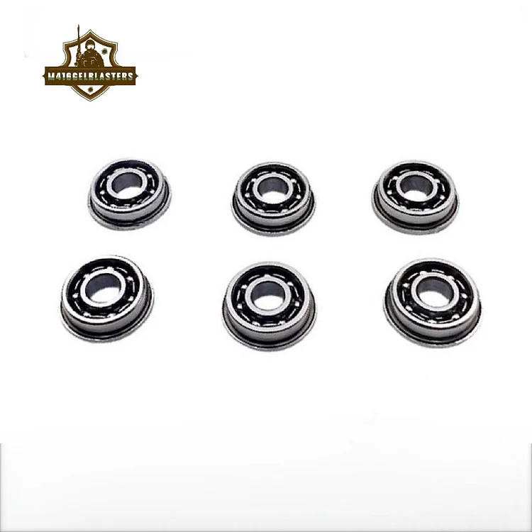Front view of six open-race bearings for gel blaster gearboxes