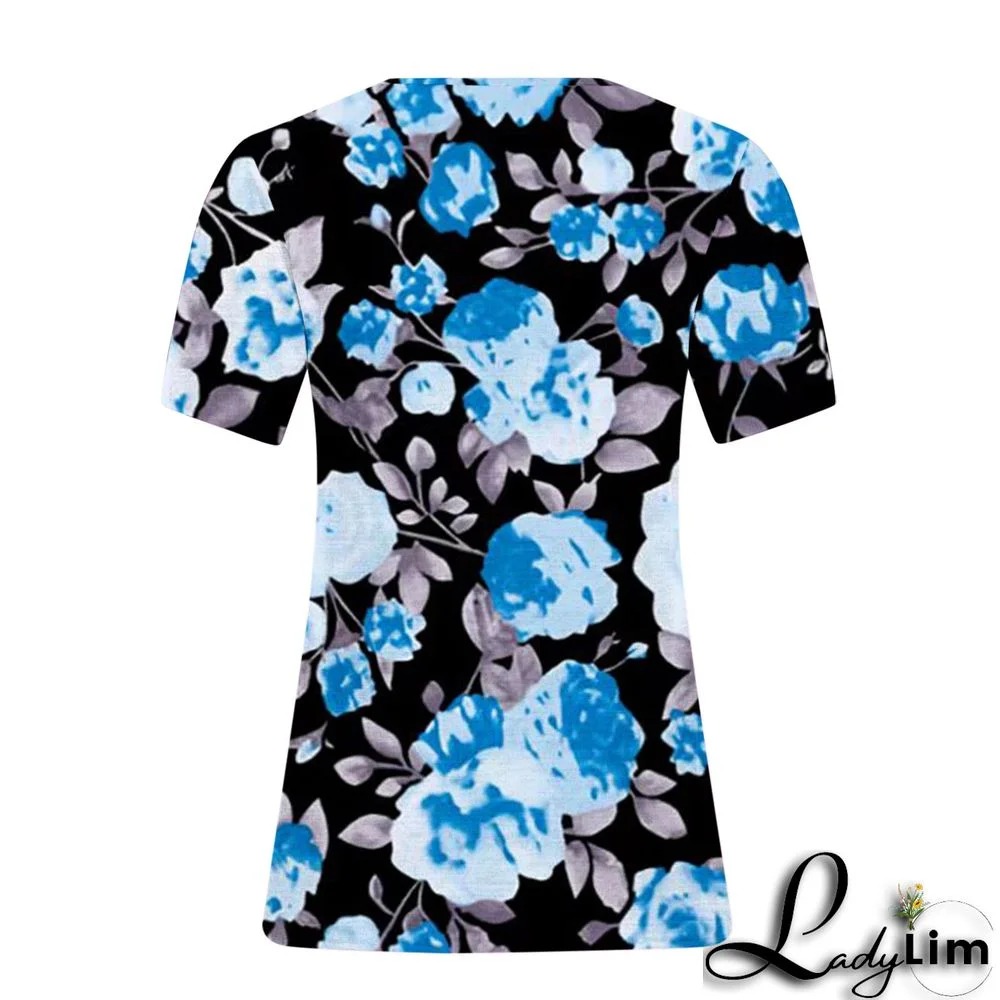 V-Neck Plus Size Ladies Short Sleeve T-Shirt Printed Top