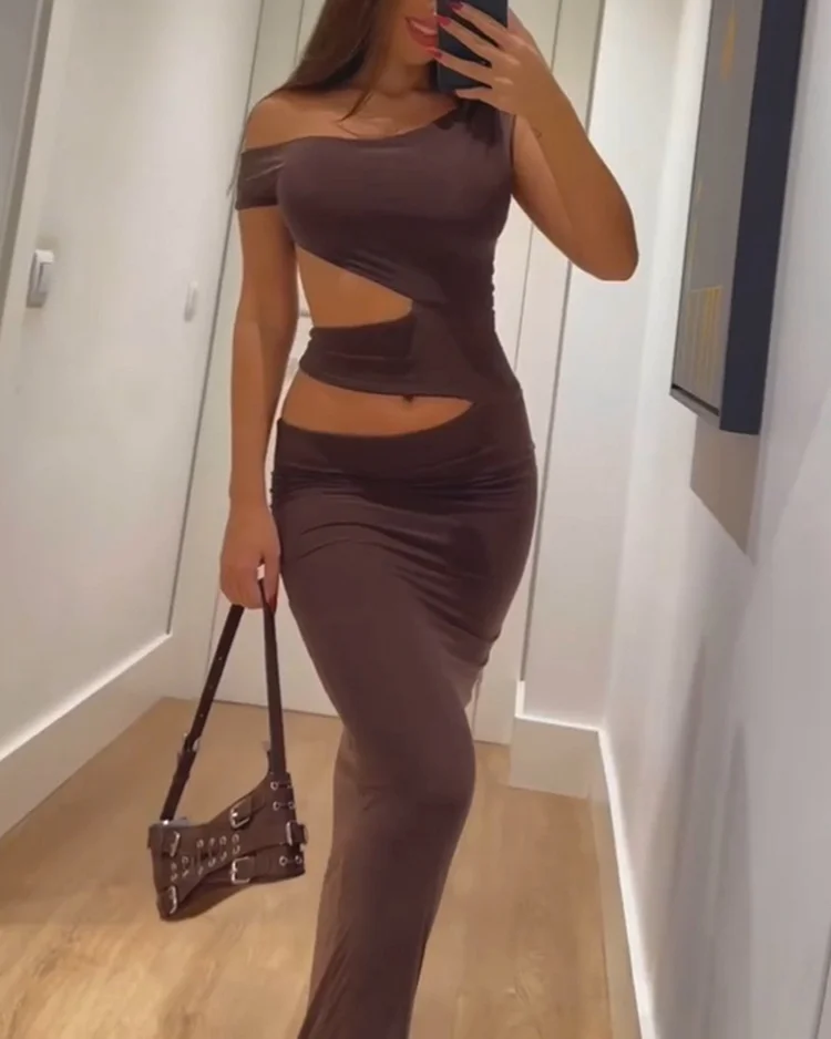 Women's solid color one shoulder hollow dress