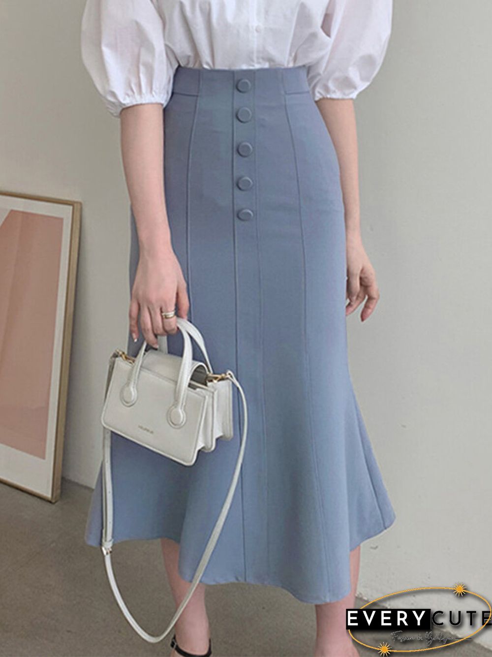 Women High Waist Solid Button Front Mermaid Skirt