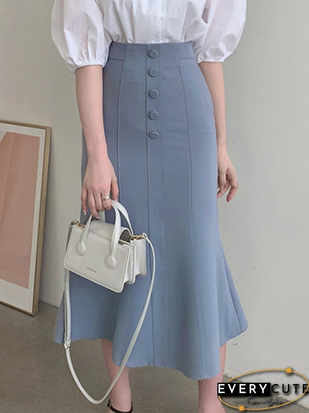 Women High Waist Solid Button Front Mermaid Skirt