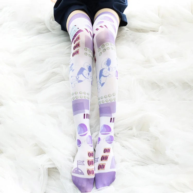 Kawaii Astronaut Planet Print Stockings Over the Knee - Modakawa Modakawa