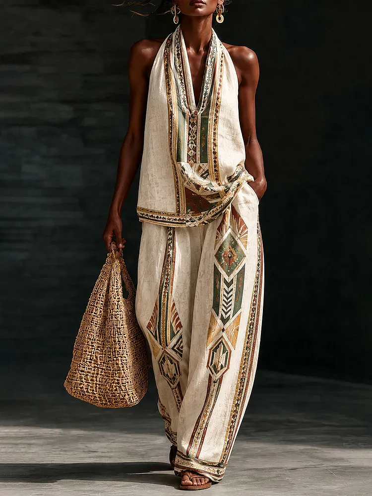 Women&rsquo;s Vintage Ethnic Geometric Print Halter Wide Leg Pants Set