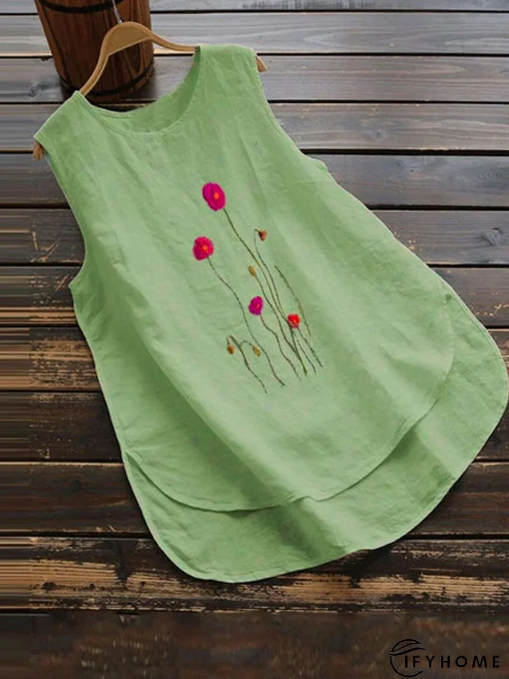 Lightgreen Floral-Print Sleeveless Floral T-shirt | IFYHOME