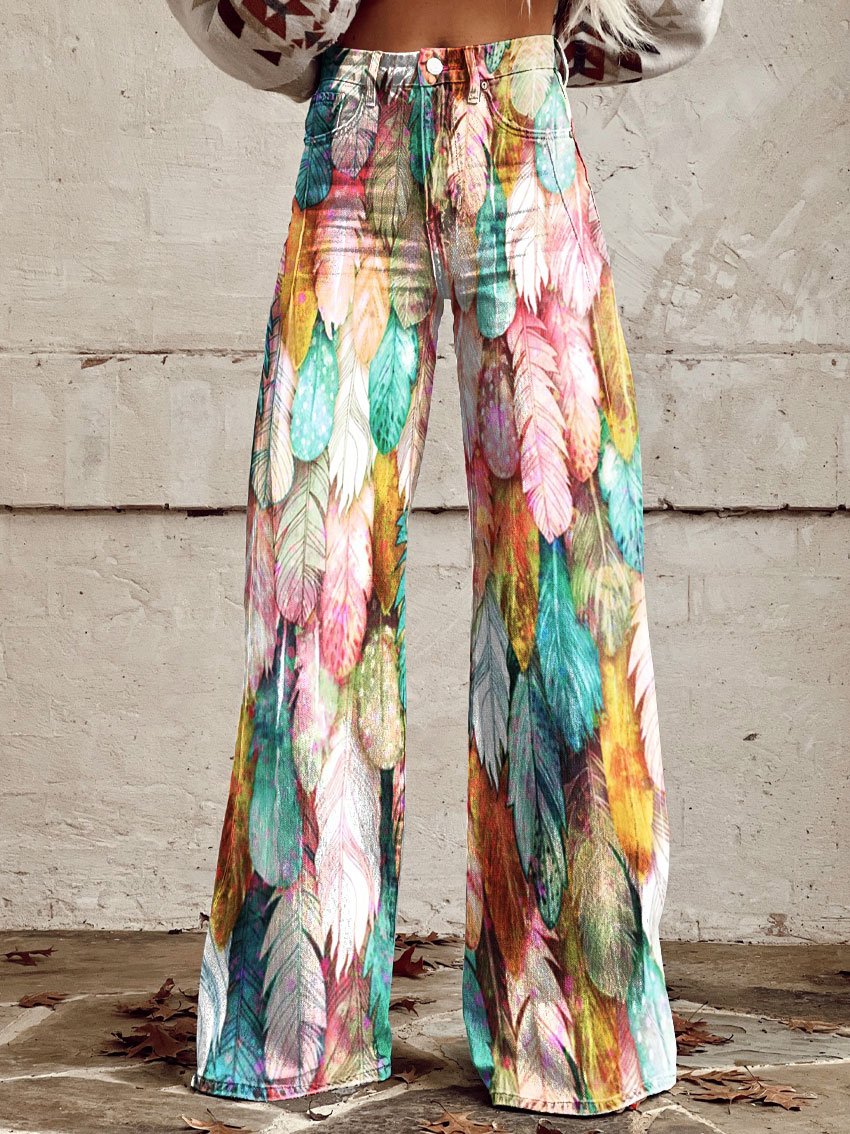 Women's Watercolor Feathers Repeating Pattern Print Casual Wide Leg Pants