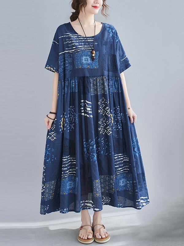 Vintage Blue Printed Plus Size Loose Dress