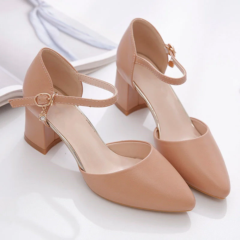 Single Shoes Woman Mid Heels Women Pumps Ankle Strap Buckle Block Heel Footware for Office Lady Beige Apricot