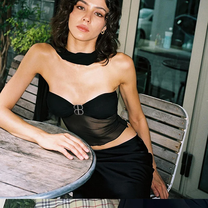 Uveng Uveng Summer Hot Style Women's Sexy Hot Girl A Word Shoulder Gauze Wrapped Chest Slim Short Vest Woman