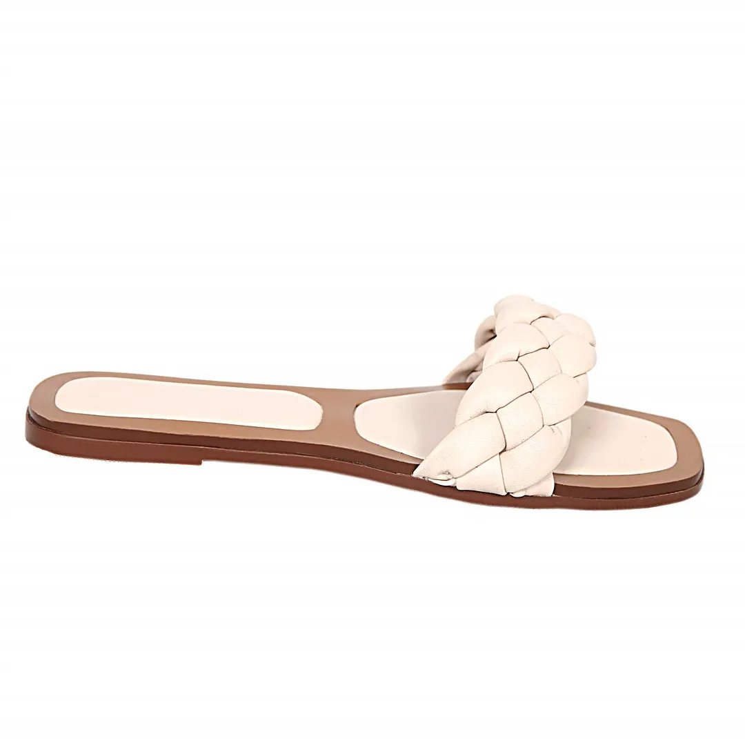 Braided Sandals for Women Slippers Open Square Toe Flats Beige-vocosishoes