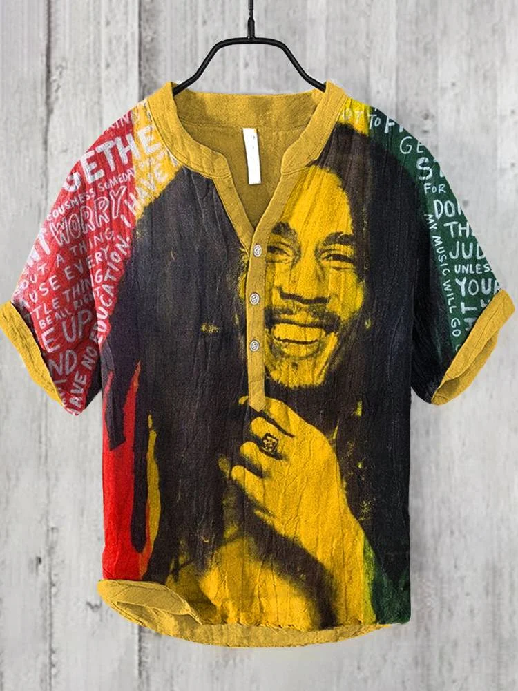 Bob Marley Print Linen Blend Casual Shirt