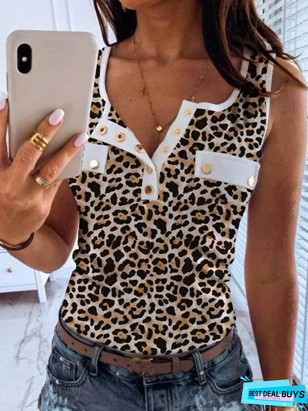 Casual Leopard Buckle V Neck Tank & Cami