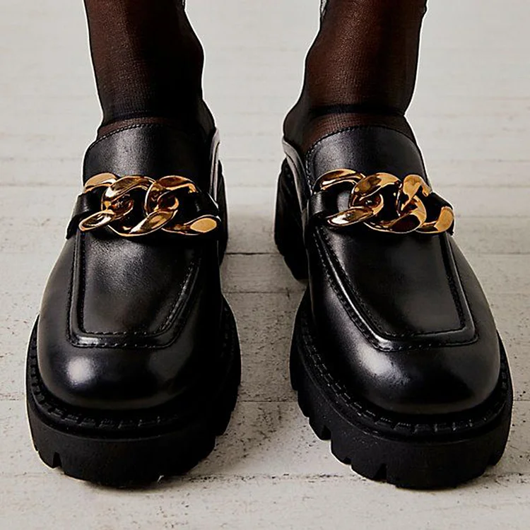 Black Vintage Block Heel Loafers with Metal Buckles -Round Toe Pumps Vdcoo