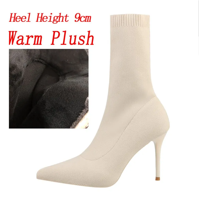 2022 Women Stretch Knitted Sock Boots 7cm 9cm High Heels White Ankle Boots Stripper Low Block Heel Lady Warm Winter Chunky Shoes