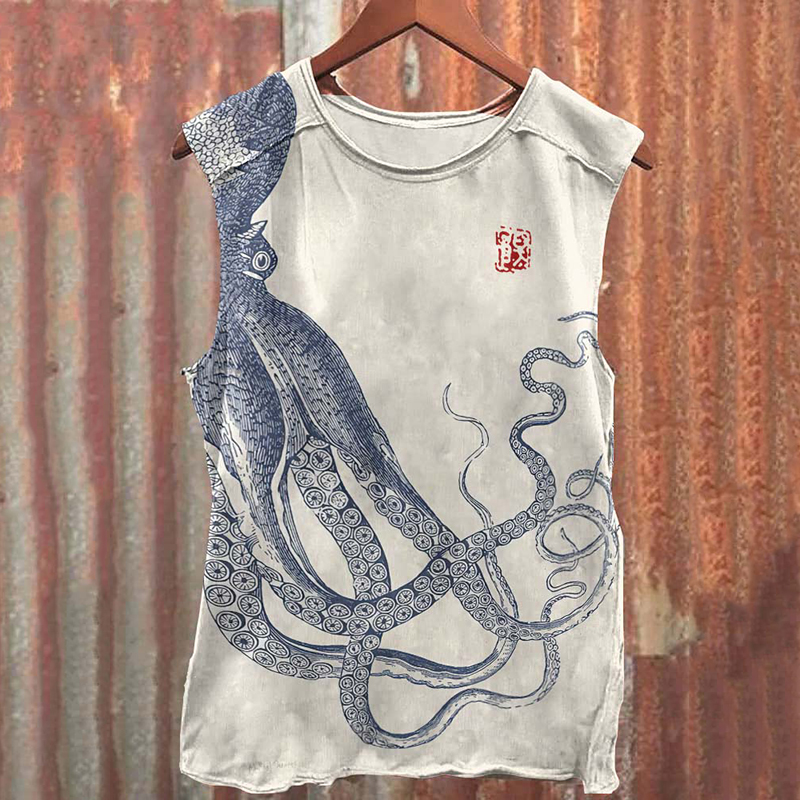 Japanese Art Octopus Printed Casual Tank Top  artssus