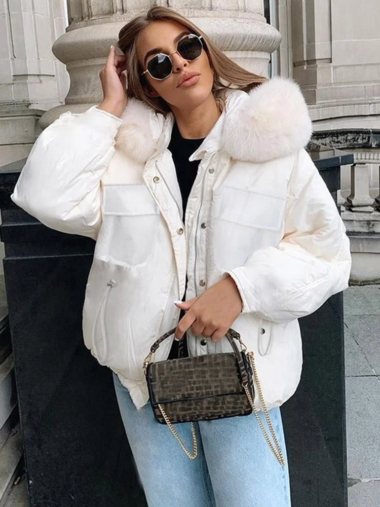 WannaThis Fur Neck Women Cotton Coat Thick Warm Hooded Long Sleeve Jacket Streetwear Daily Wear Pockets Button Outwear Parkas