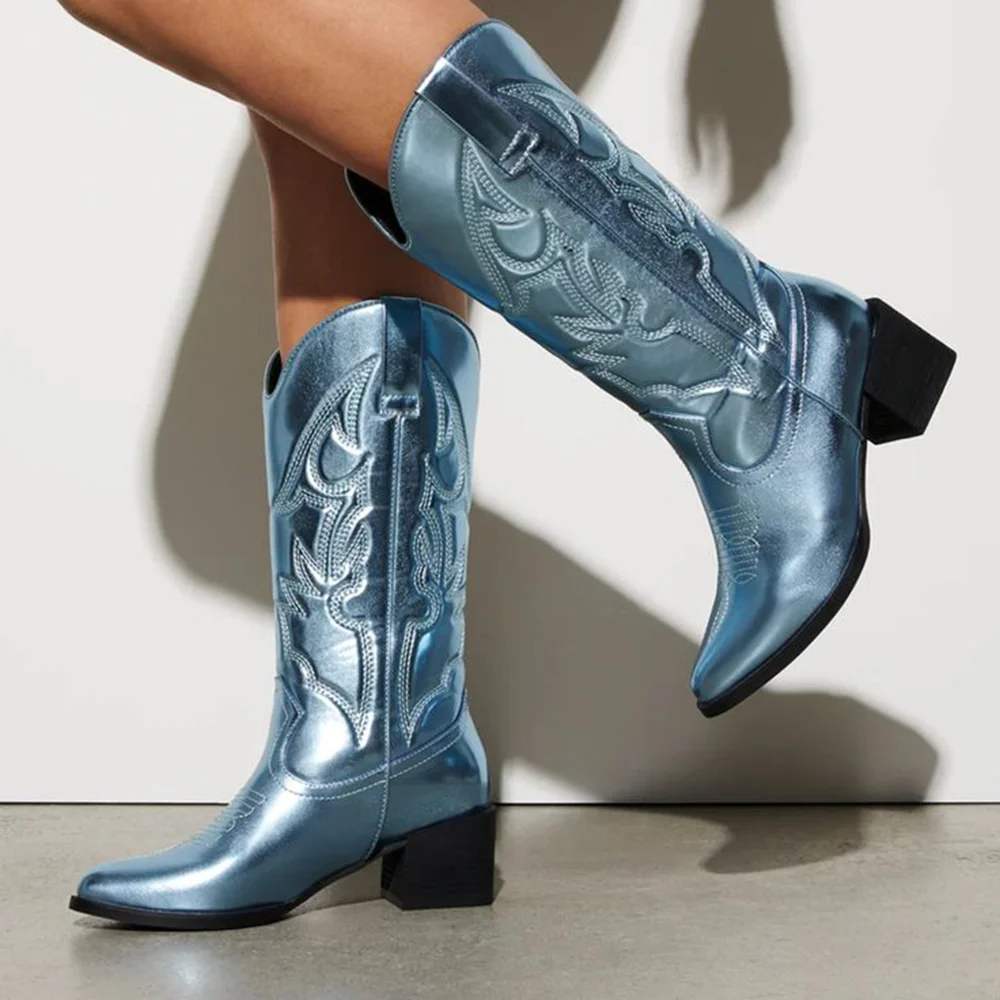 Metallic Blue Closed Toe Designed Mid Calf Winter Boots With Chunky Heels Nicepairs
