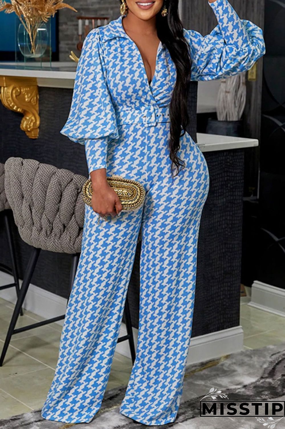 Blue Casual Print Patchwork With Belt Turndown Collar Long Sleeve Two Pieces