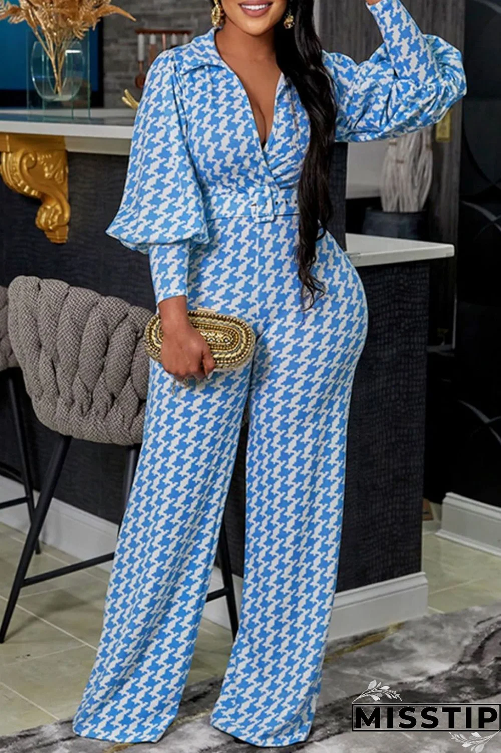 Blue Casual Print Patchwork With Belt Turndown Collar Long Sleeve Two Pieces