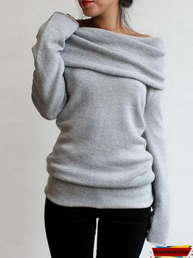 Casual Cowl Neck Knitted Long Sleeve Solid Sweater