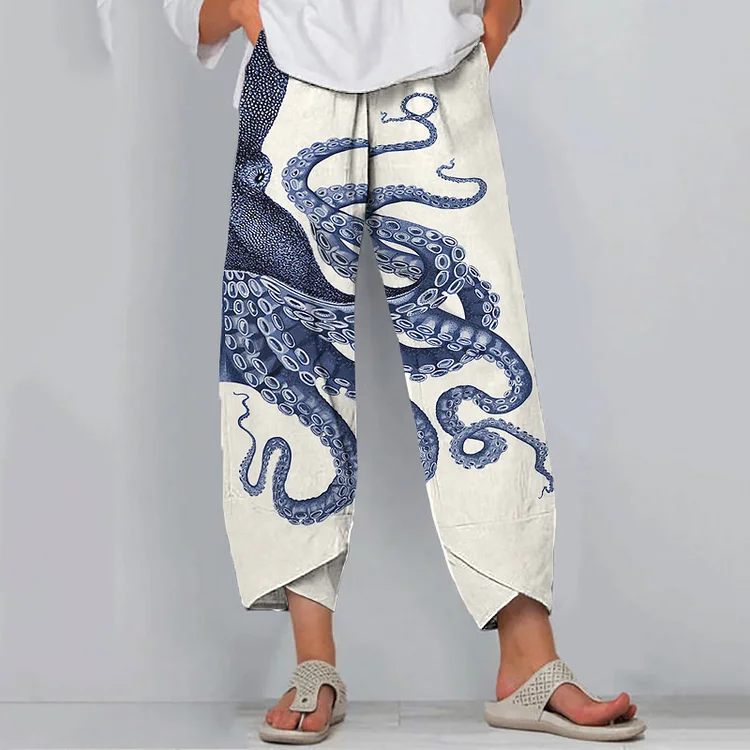 VChics Japanese Art Octopus Print Casual Pants