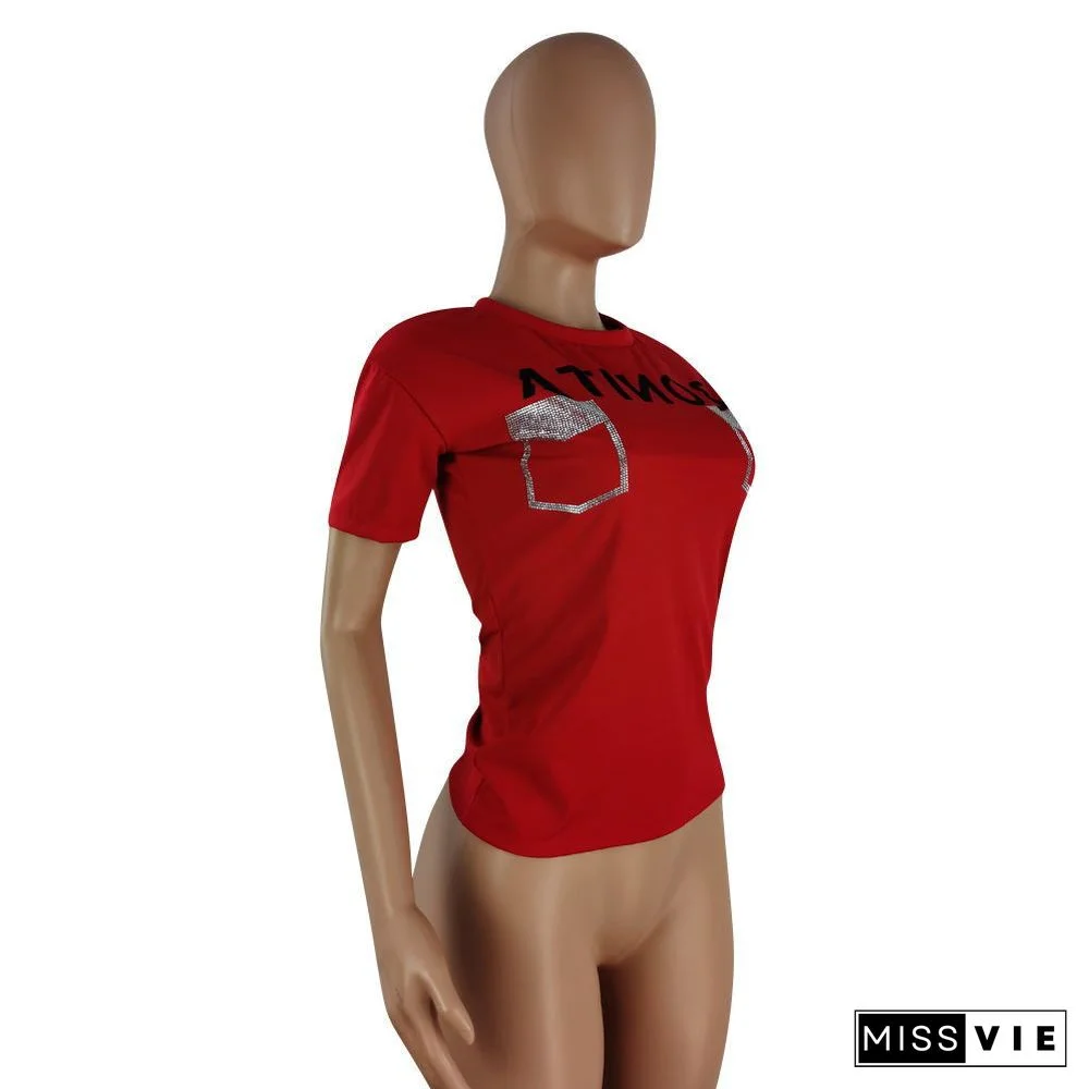 Hot Drilling Short Sleeve O Neck Casual T Shirt