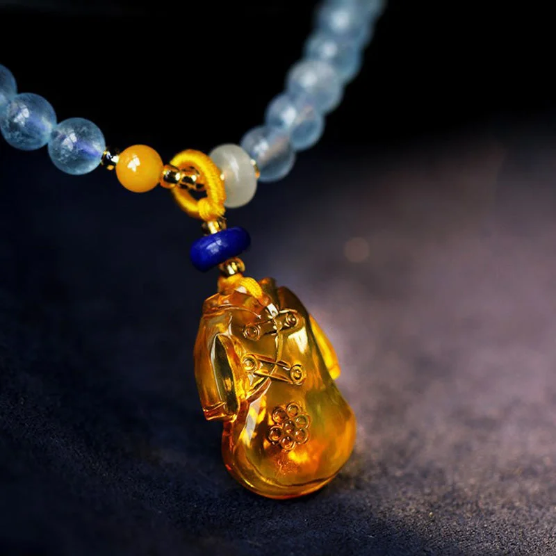 Natural Aquamarine Amber Flower Cheongsam Charm Healing Bracelet