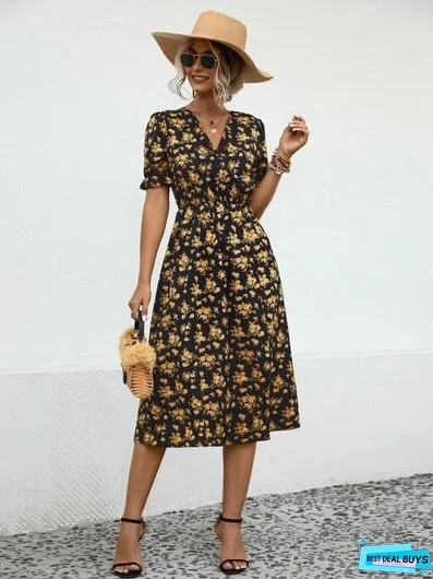 Slit Printed V-Neck Short Sleeve Dress